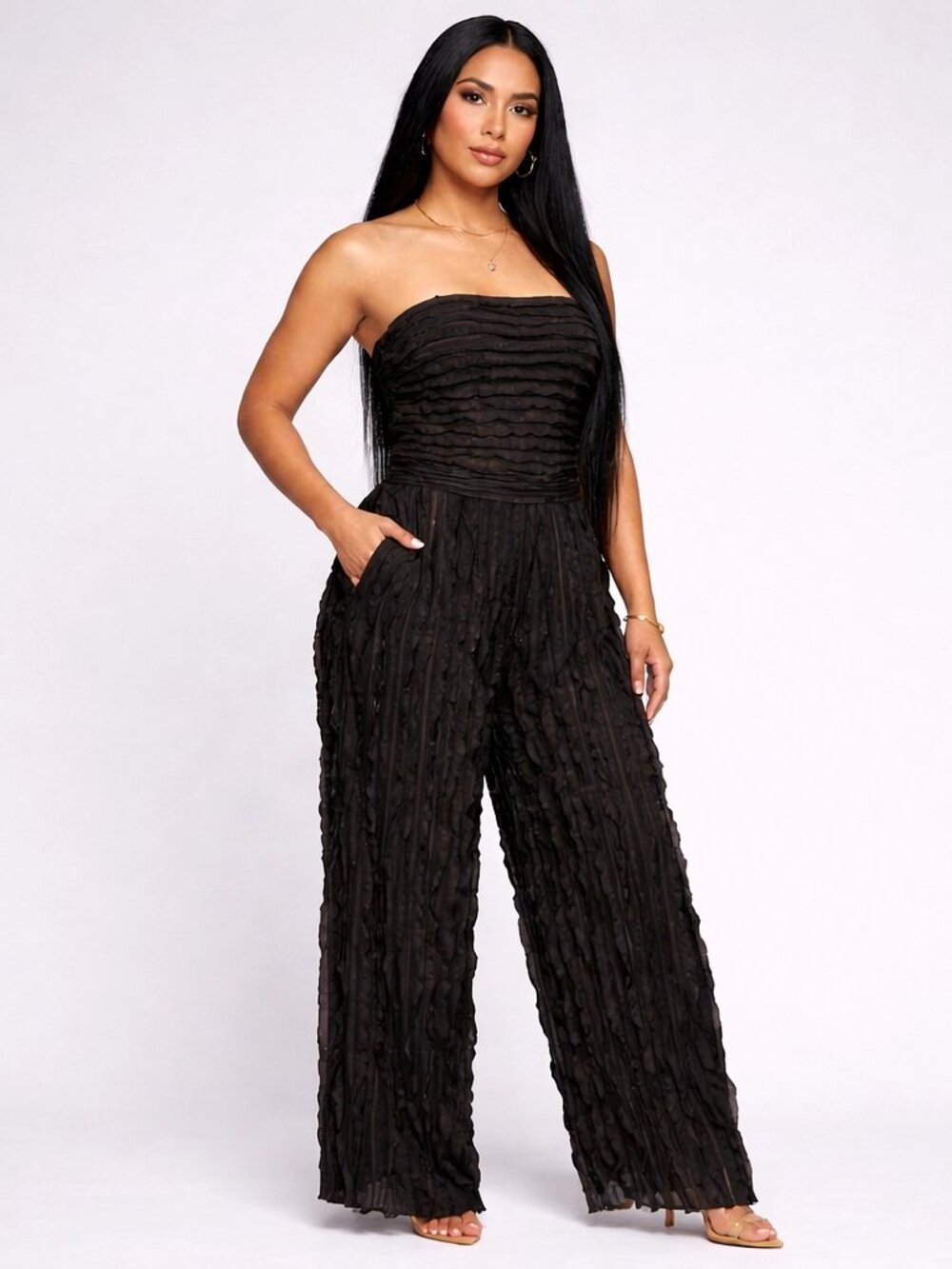 Black Strapless Ruffled Jump Suit